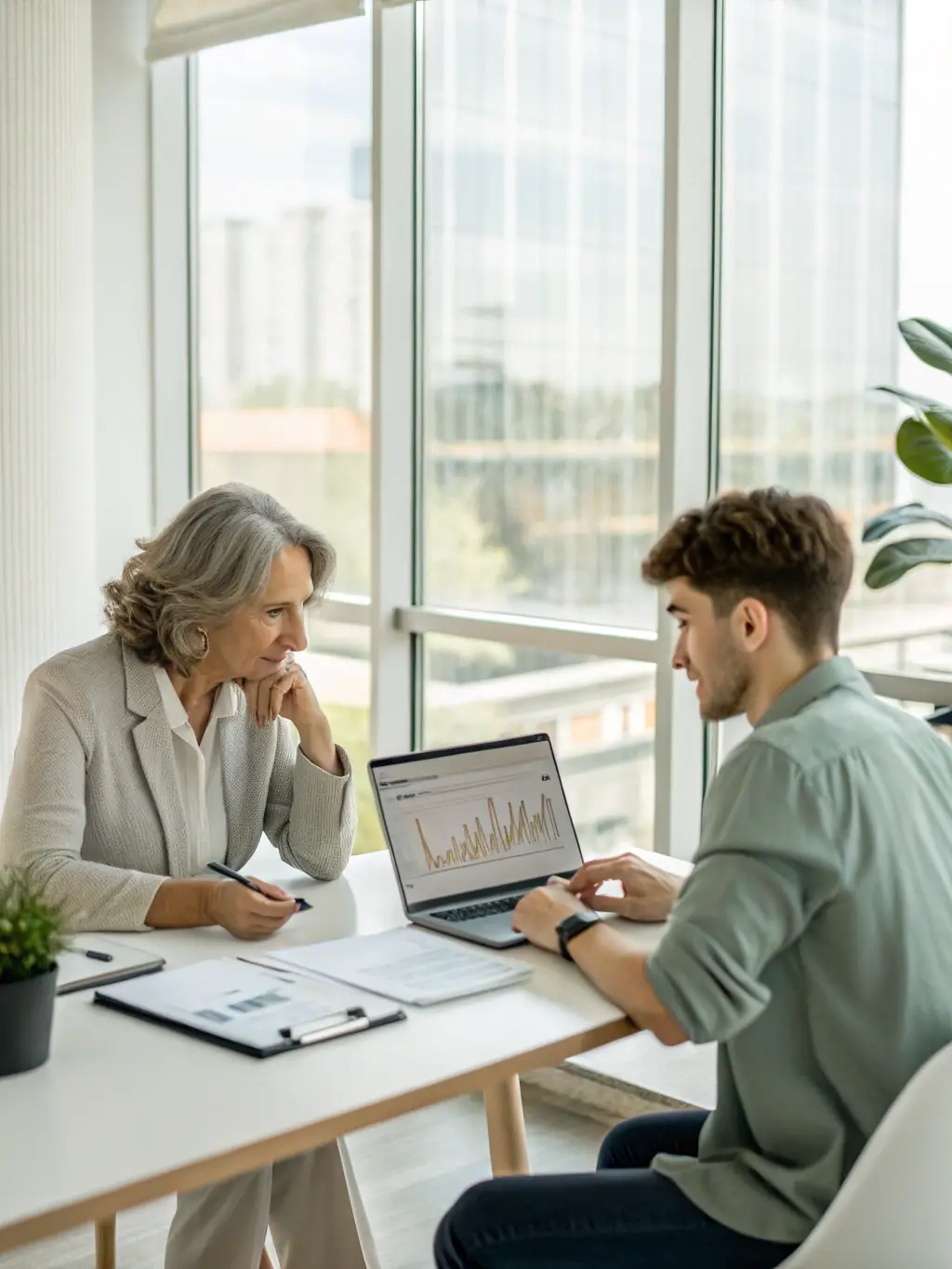 An image of a financial consultant discussing strategies with a client in a modern office environment, illustrating consulting services for adult content workers.