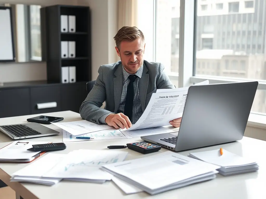 A professional working on tax forms with a calculator and financial documents, emphasizing accuracy and expertise in tax preparation.