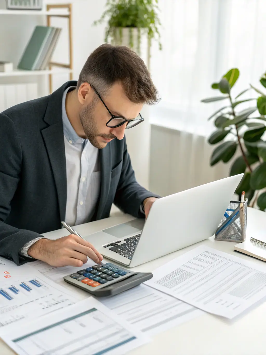 An image of a professional accountant working on financial documents with a laptop and calculator, symbolizing bookkeeping services for adult content workers.