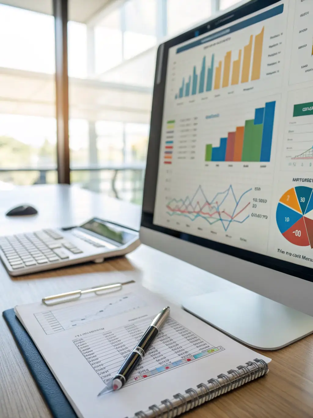 A clean and concise financial report displayed on a monitor, with charts and graphs illustrating key performance indicators for a content creation business.