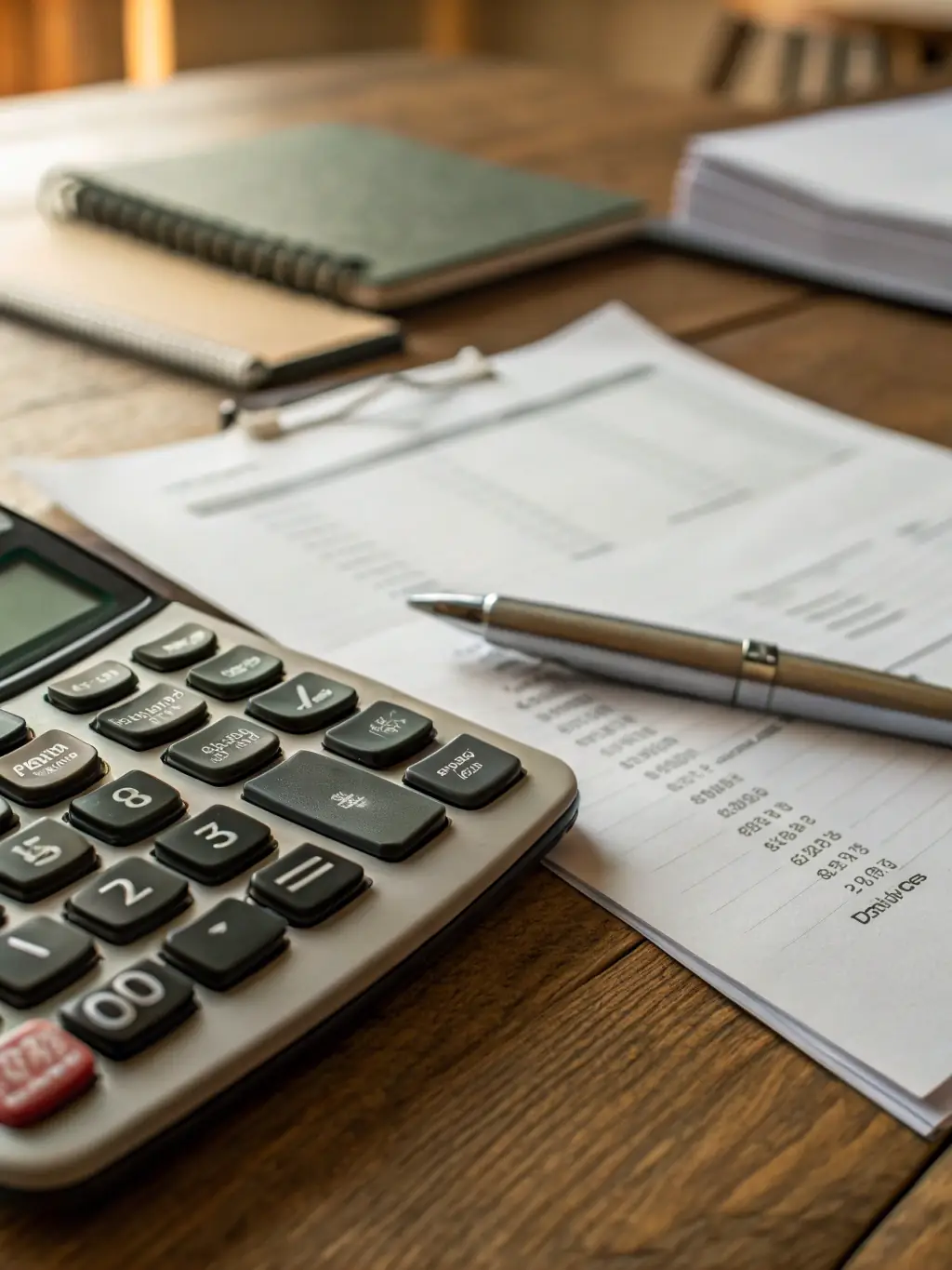A close-up shot of organized financial documents and a calculator, symbolizing the meticulous attention to detail in Discrete Digits' bookkeeping services.