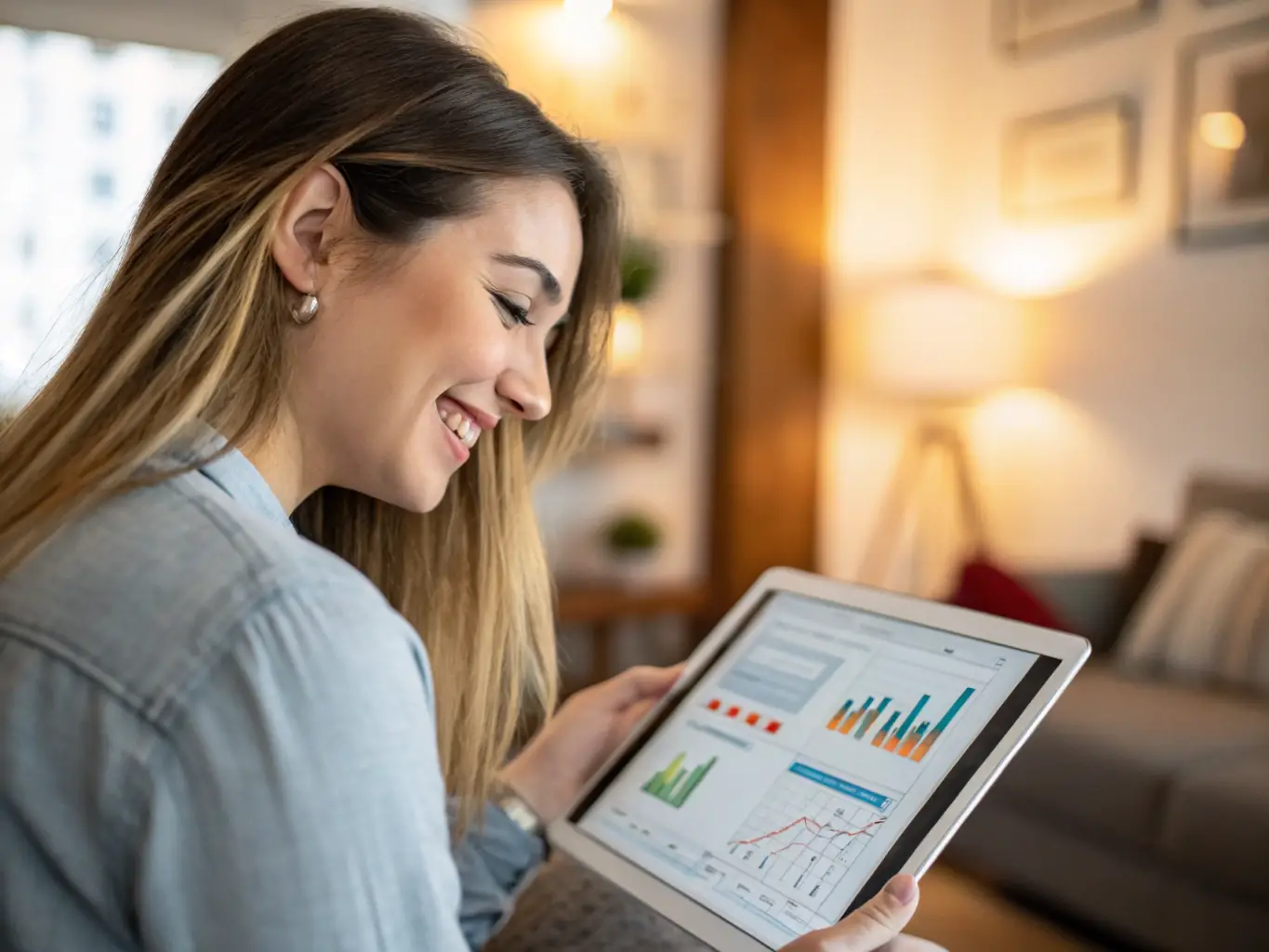 A content creator is smiling confidently while reviewing financial reports on a tablet, with a tax advisor providing support in the background. The scene conveys a sense of partnership and financial empowerment.