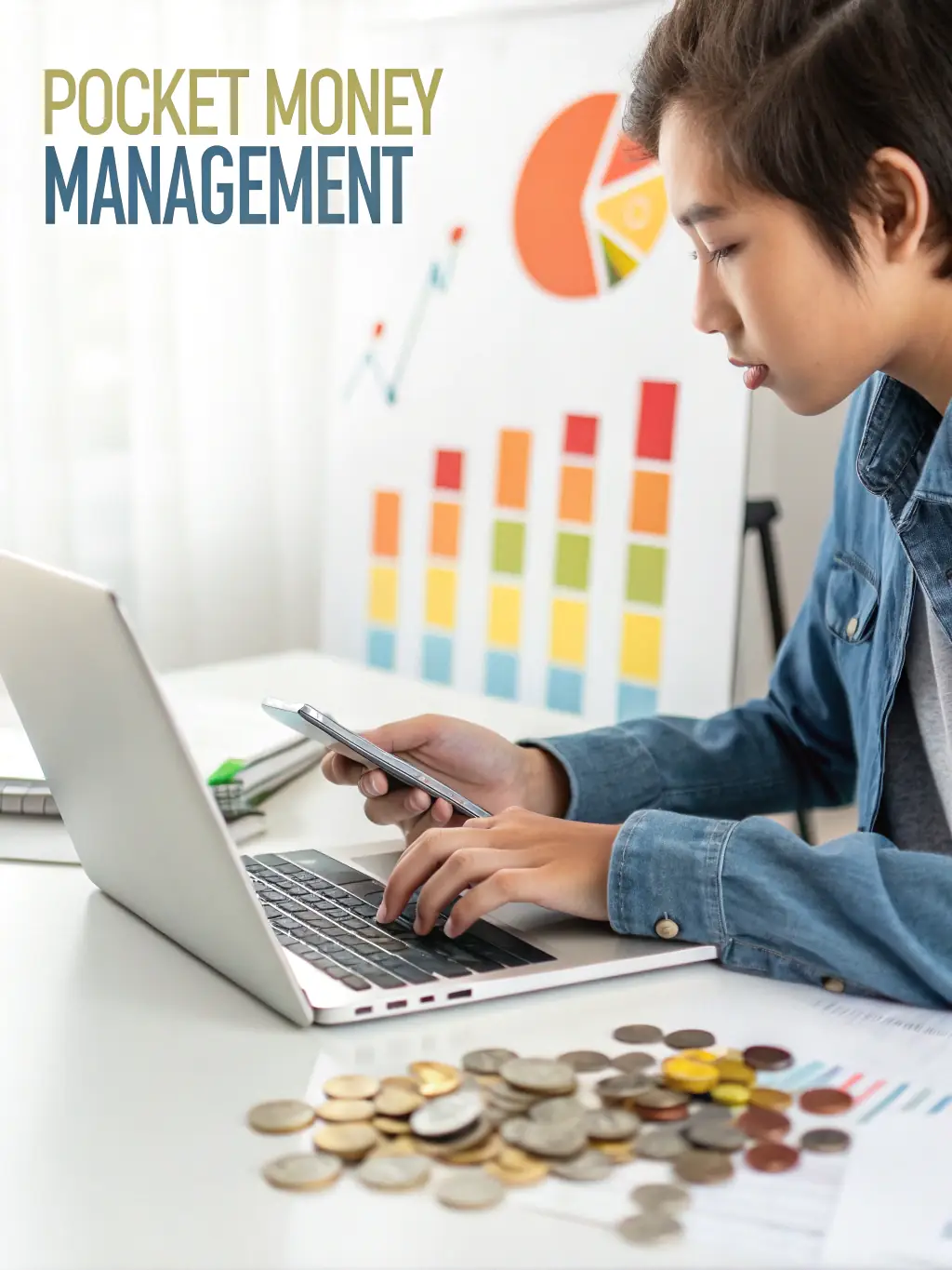 A content creator reviewing financial reports on a tablet, with a modern, minimalist workspace in the background, emphasizing the ease of managing finances with Discrete Digits.