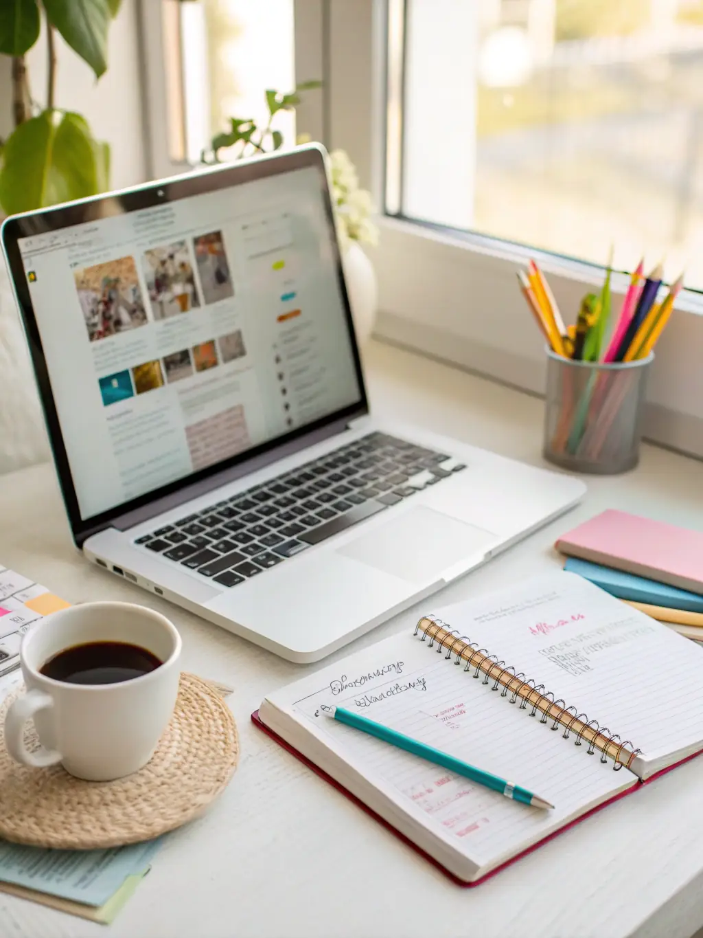A close-up shot of a content creator's workspace, featuring a laptop displaying a well-organized spreadsheet and a stylish desk setup, symbolizing efficient bookkeeping.